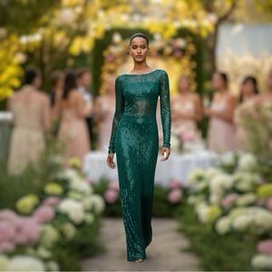 Green Sheer Mesh Sequin Fringe Maxi Dress X-Small